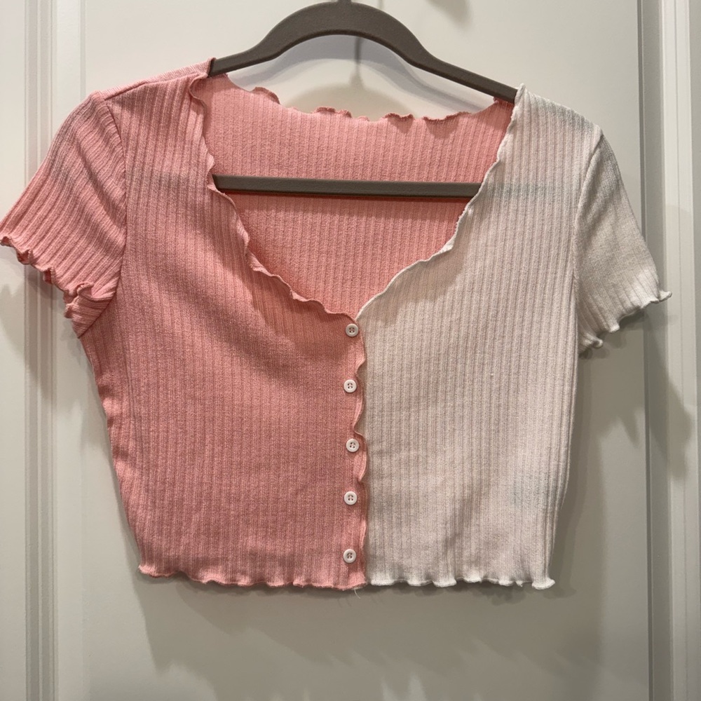 NEW Pink and White Ribbed Crop Button Down Shirt